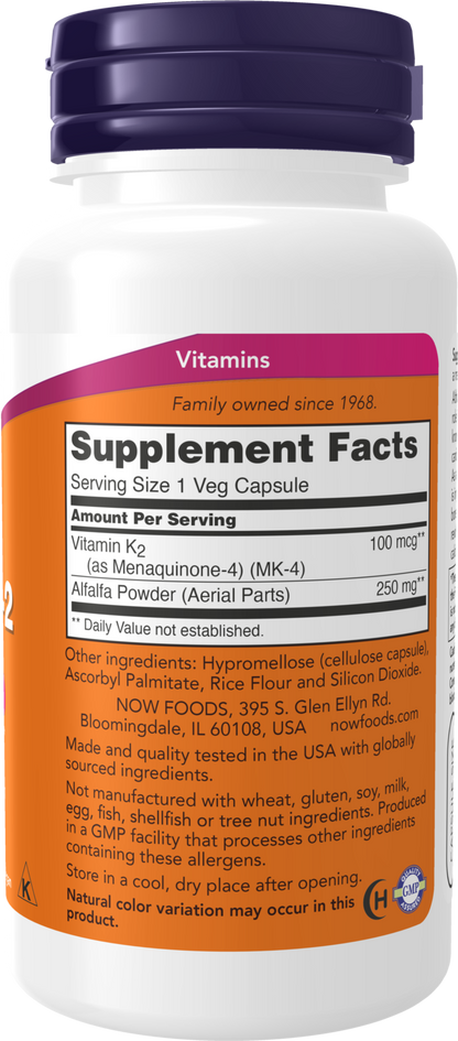 NOW Supplements, Vitamin K-2 100 mcg, Menaquinone-4 (MK-4), 100 Veg Caps