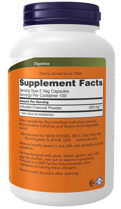 NOW Supplements, Activated Charcoal from Coconut Shells, 200 Veg Caps