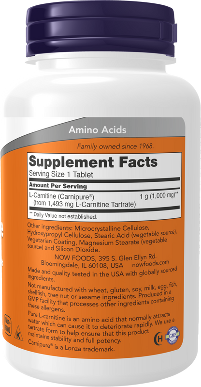 NOW Supplements, L-Carnitine 1,000 mg, Purest Form, Amino Acid, 50 Tabs