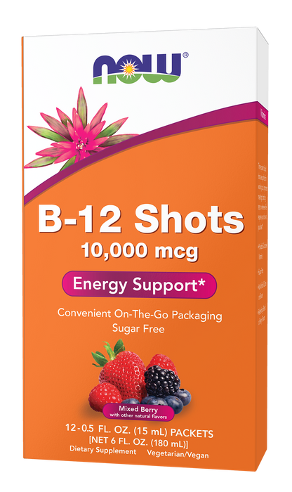 NOW Supplements, B-12 10,000 mcg Shots, Sugar Free, 0.5 fl. oz, 12/Box