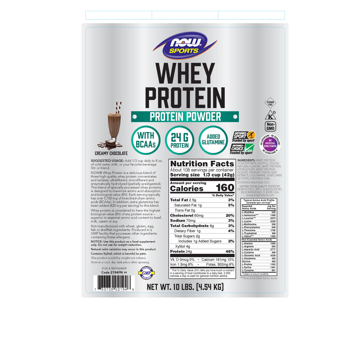 NOW Sports, Whey Protein 24 g With BCAAs, Creamy Chocolate Flavor, 10 lbs
