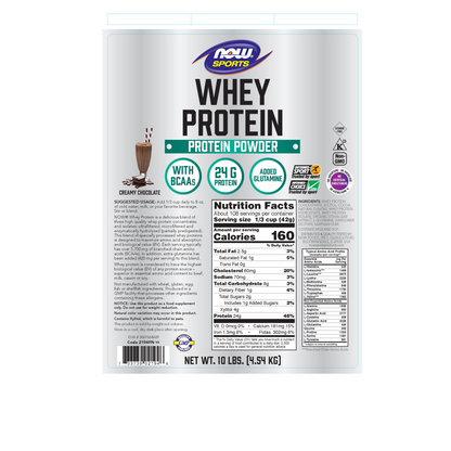 NOW Sports, Whey Protein 24 g With BCAAs, Creamy Chocolate Flavor, 10 lbs