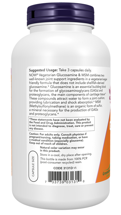 NOW Supplements, Vegetarian Glucosamine & MSM, w/ GreenGrown®, 240 Veg Caps
