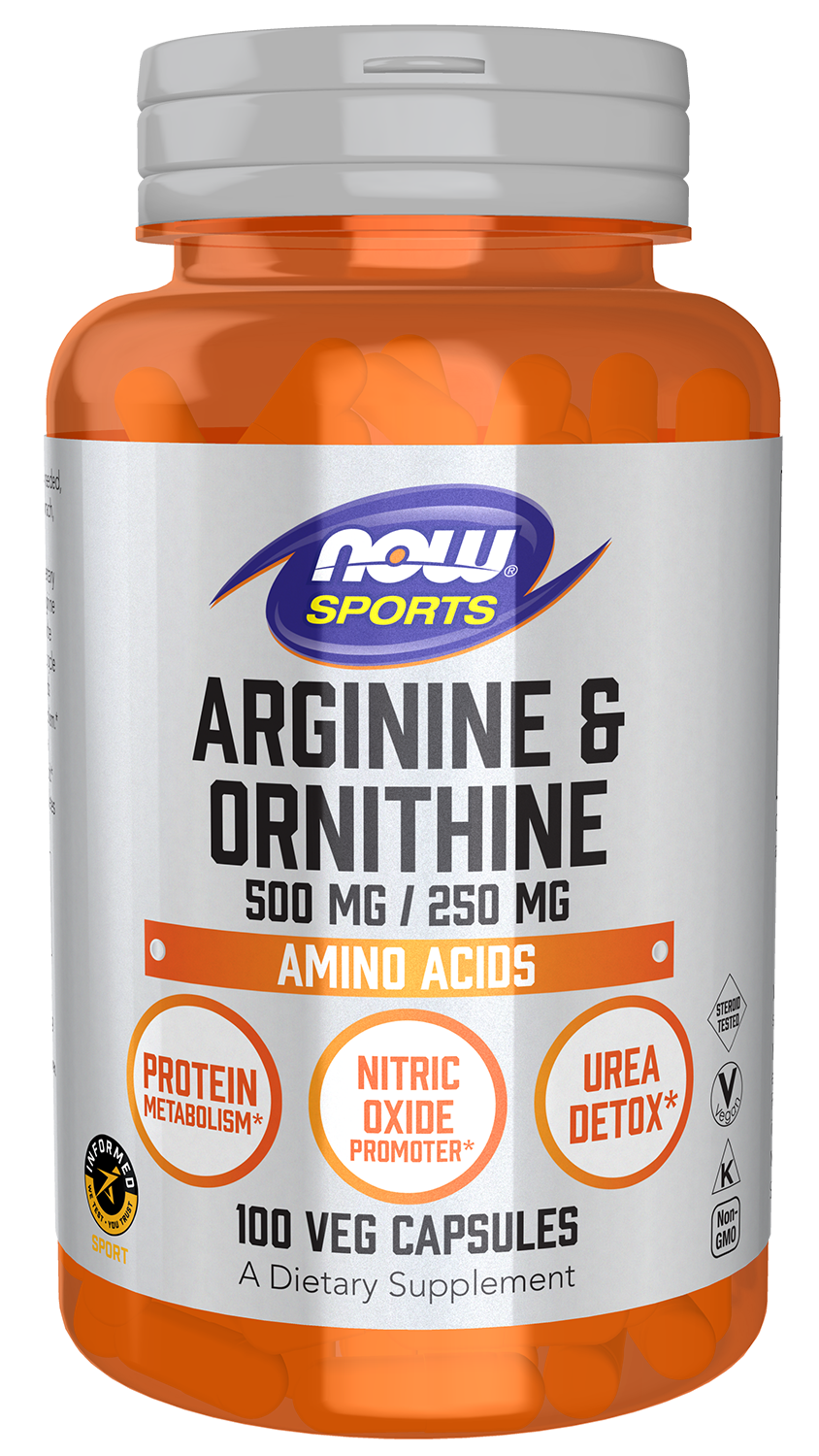 NOW Sports, Arginine & Ornithine 500/250 mg, Amino Acids, 100 Veg Caps