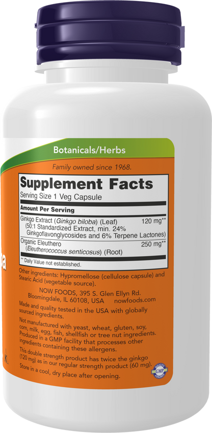 NOW Supplements, Ginkgo Biloba 120 mg, Double Strength, 100 Veg Caps