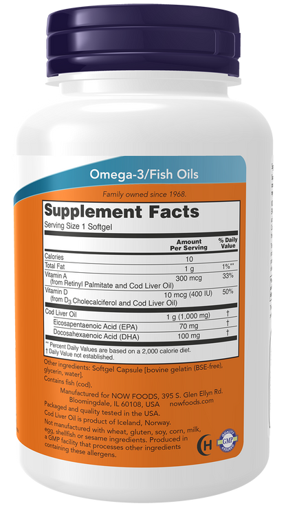 NOW Supplements, Cod Liver Oil 1,000 mg, EPA, DHA, 90 Softgels