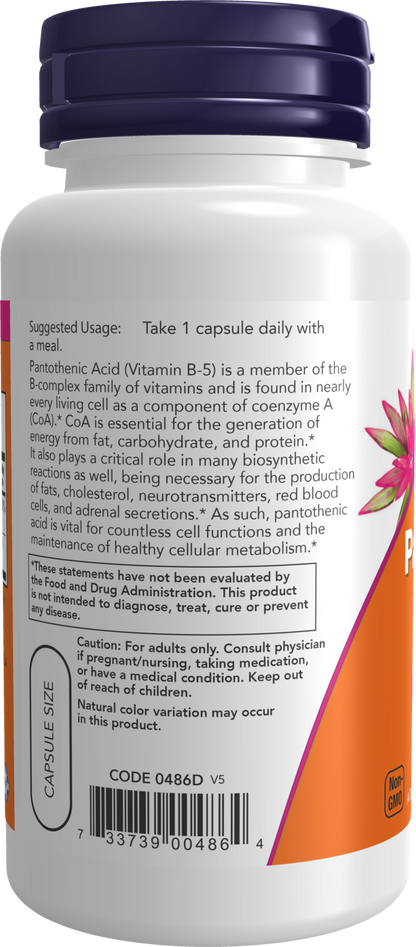 NOW Supplements, Pantothenic Acid 500 mg, B-Complex Vitamin, 100 Caps