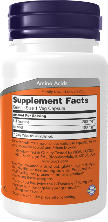 NOW Supplements, L-Theanine 200 mg with Inositol, 60 Veg Caps