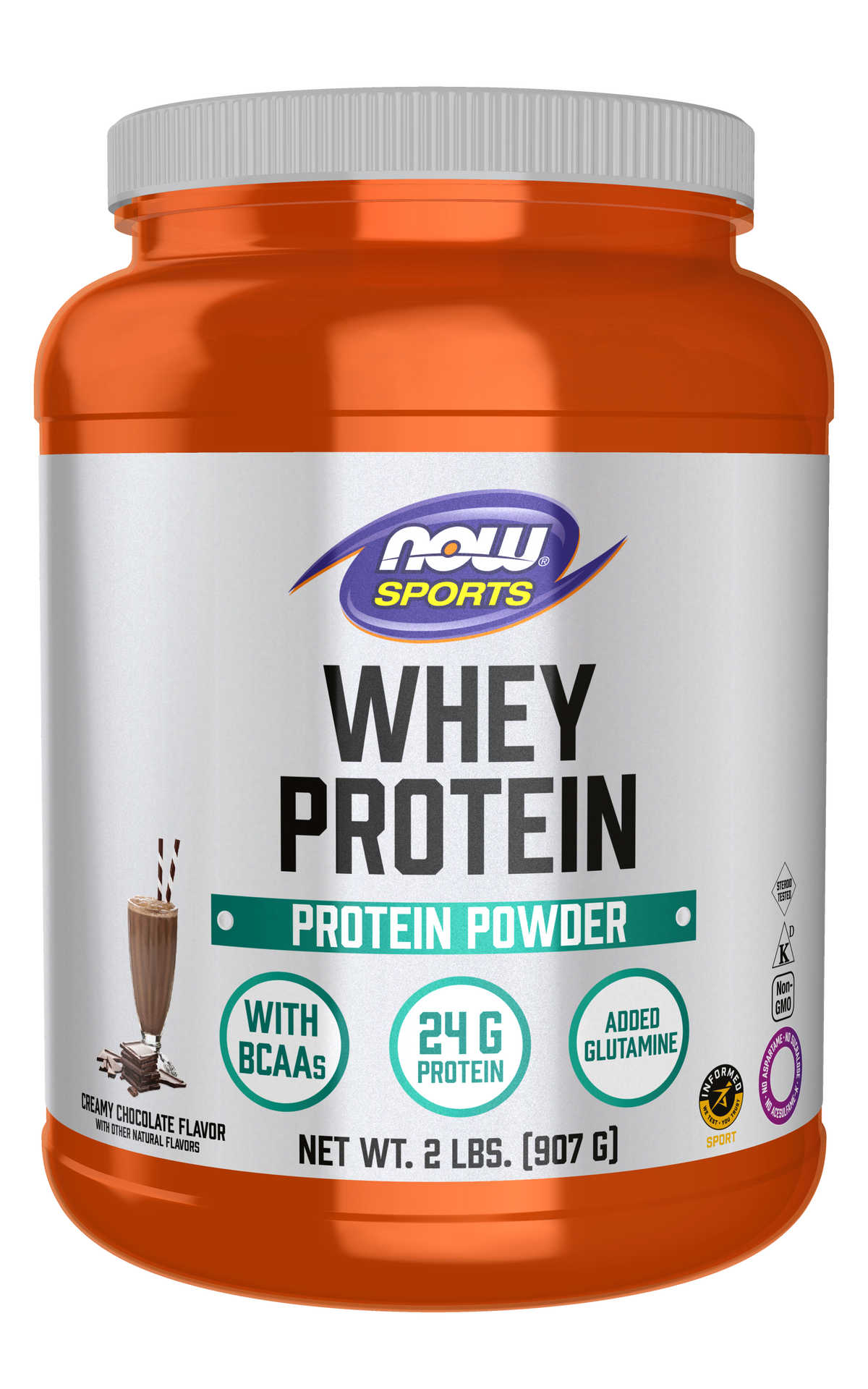 NOW Sports, Whey Protein 24 g With BCAAs, Creamy Chocolate Flavor, 2 lbs