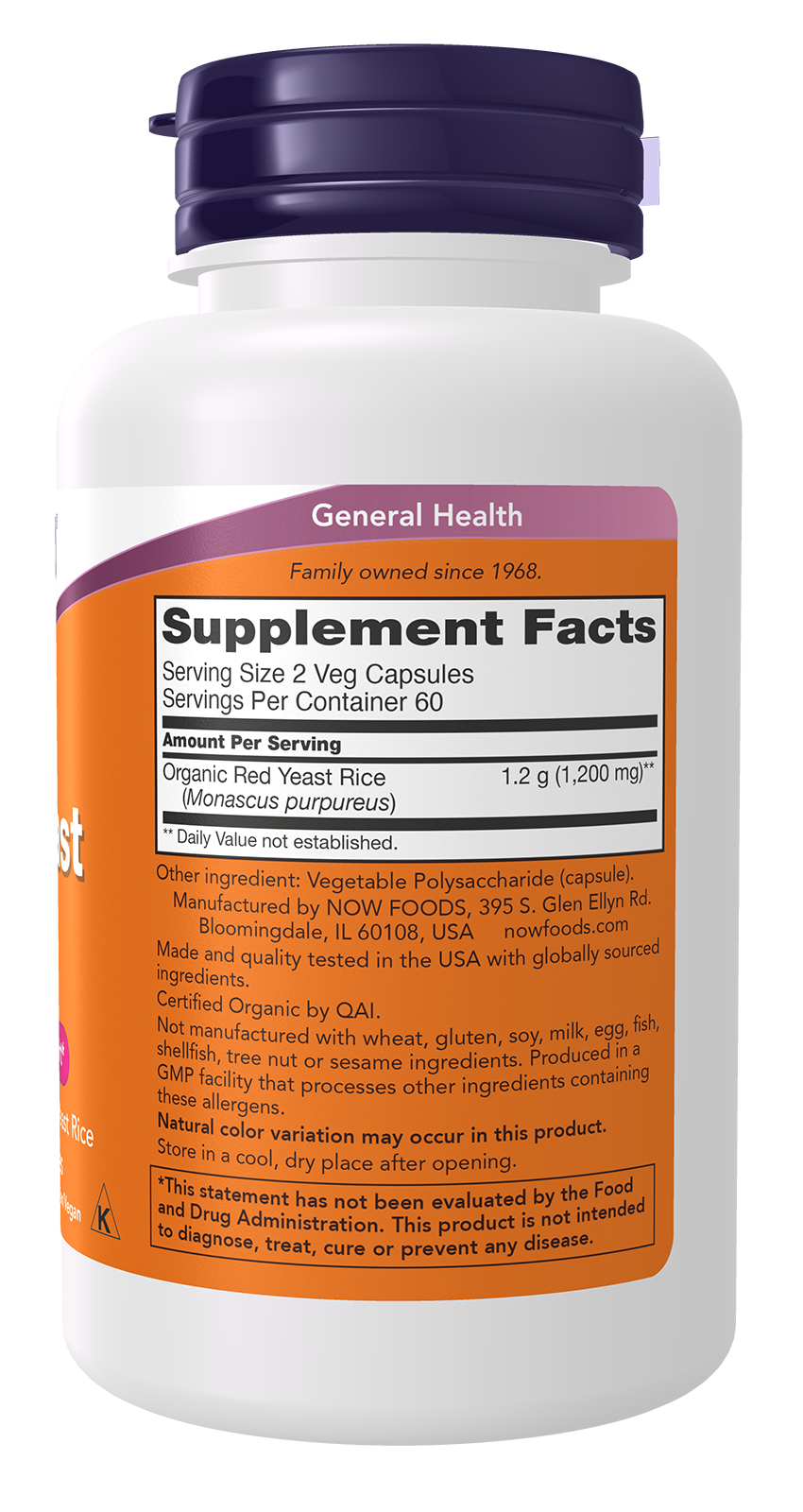 NOW Supplements, Red Yeast Rice 600 mg, Organic Red Yeast, 120 Veg Caps