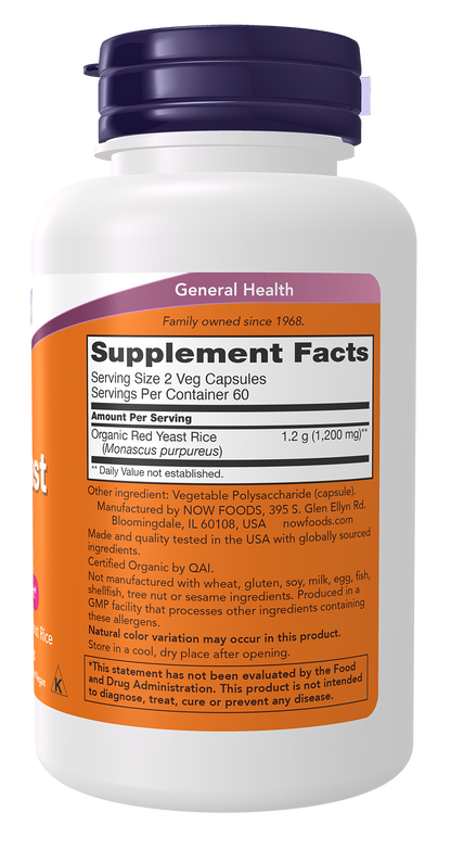 NOW Supplements, Red Yeast Rice 600 mg, Organic Red Yeast, 120 Veg Caps