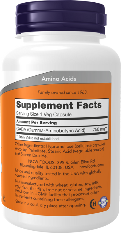 NOW Supplements, GABA 750mg, Cognitive Support*, 100 Veg Caps