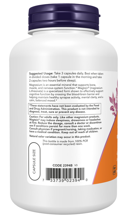 NOW Supplements, Magtein® with patented form of Magnesium, 180 Veg Caps