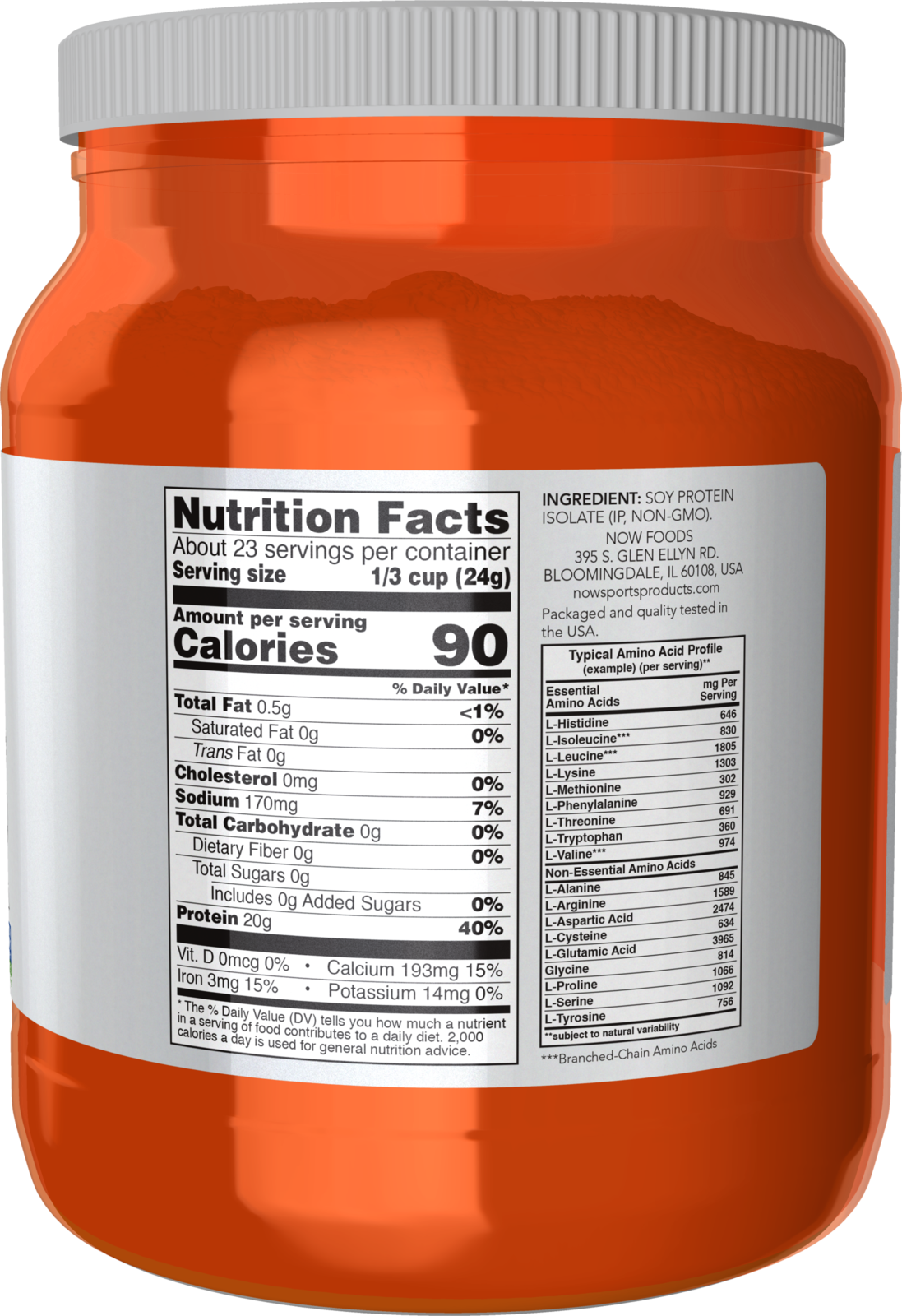 NOW Sports, Soy Protein Isolate 20g, Unflavored Powder, 1.2 lbs