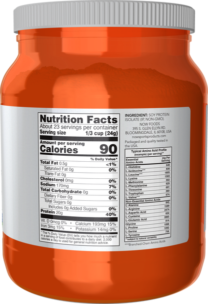 NOW Sports, Soy Protein Isolate 20g, Unflavored Powder, 1.2 lbs