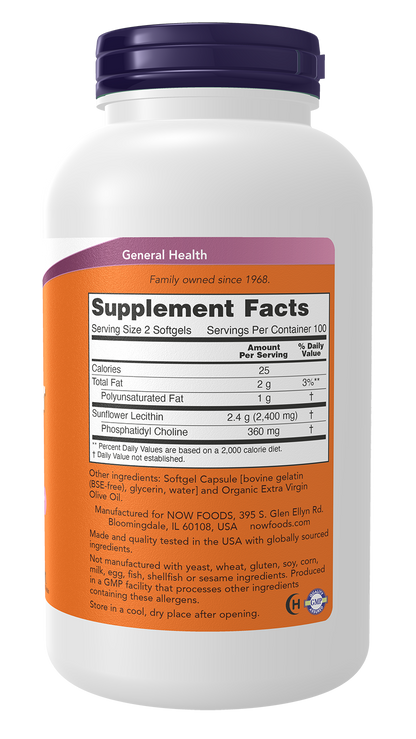 NOW Supplements, Sunflower Lecithin, Phosphatidyl Choline, 200 Softgels