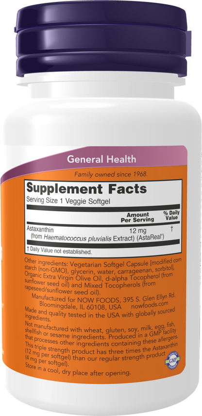 NOW Supplements, Triple Strength Astaxanthin 12 mg, 60 Veggie Softgels