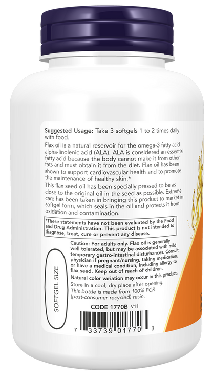 NOW Supplements, Flax Oil 1,000 mg, Cardiovascular Support*, 100 Softgels