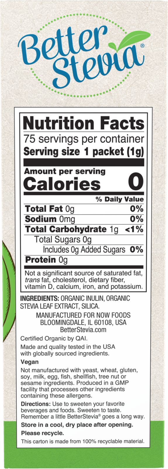 NOW BetterStevia® Organic Zero-Calorie Sweetener, 75 Packets