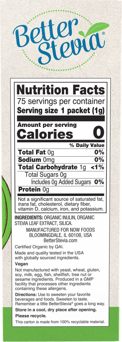 NOW BetterStevia® Organic Zero-Calorie Sweetener, 75 Packets