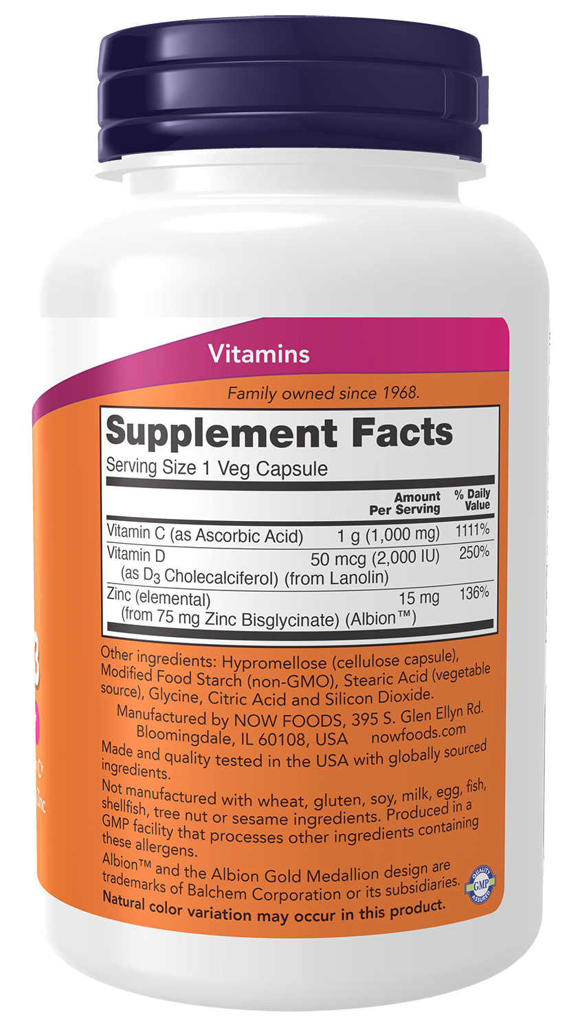 NOW Supplements, C-1000 Zinc & D-3, Seasonal Immune Support*, 100 Veg Caps