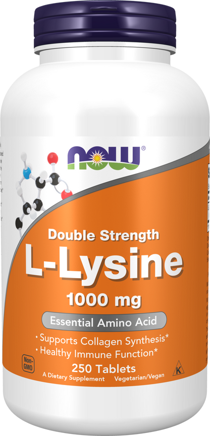 NOW Supplements, L-Lysine 1,000 mg, Double Strength, Amino Acid, 250 Tabs
