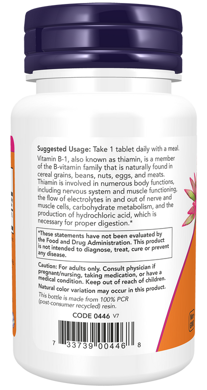 NOW Supplements, Vitamin B-1 100 mg, Nervous System Health*, 100 Tabs