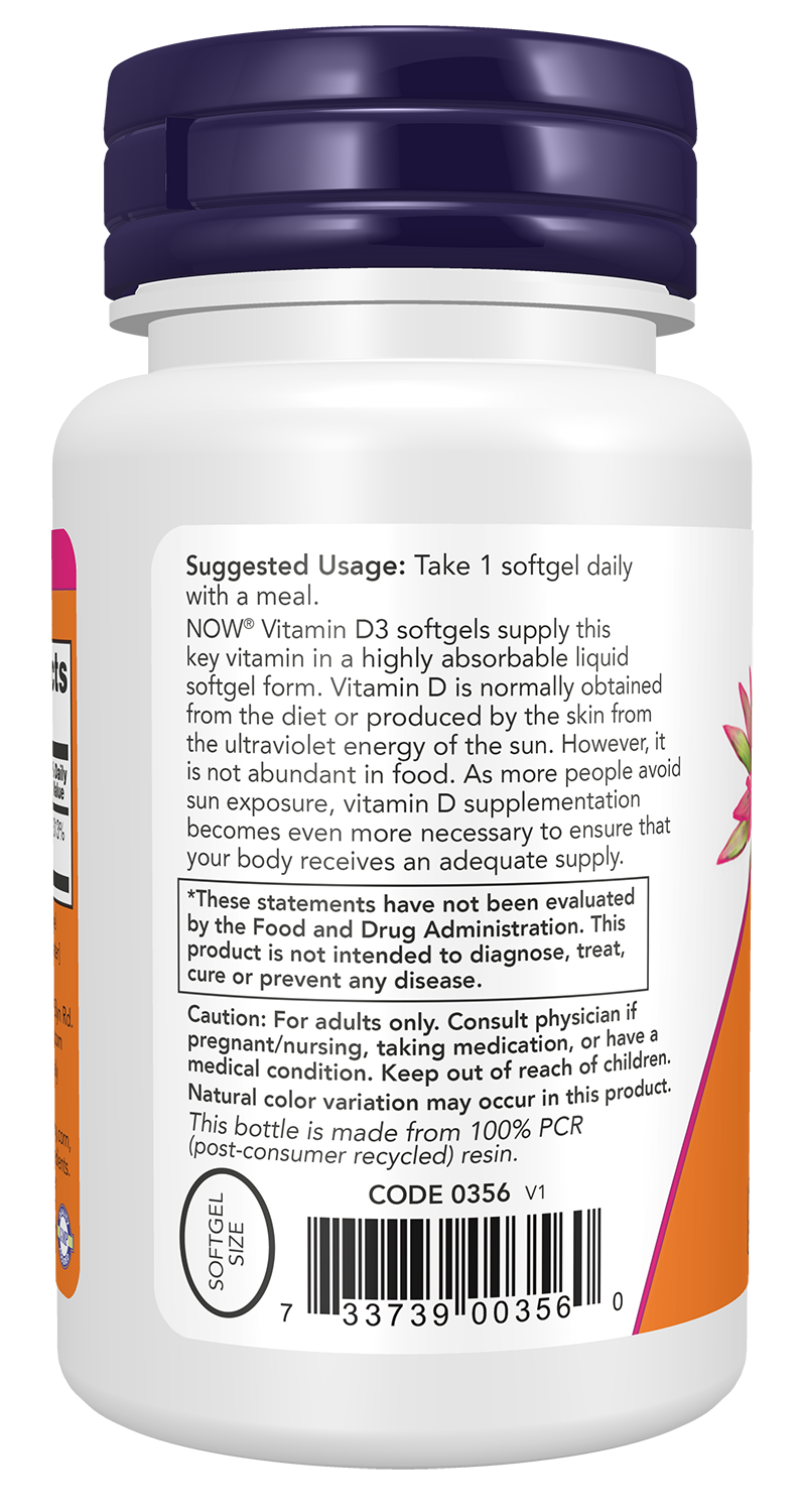 Now Supplements, Vitamin D3, 2,500 IU, Bone & Immune Health*, 180 Softgels