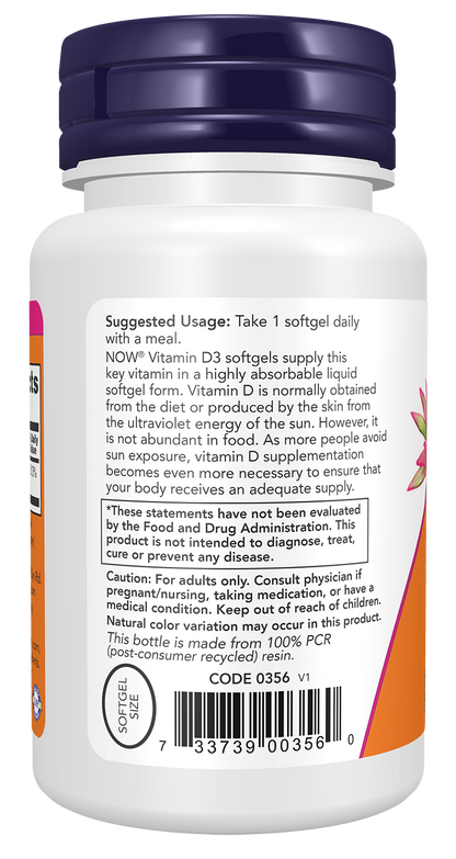 Now Supplements, Vitamin D3, 2,500 IU, Bone & Immune Health*, 180 Softgels