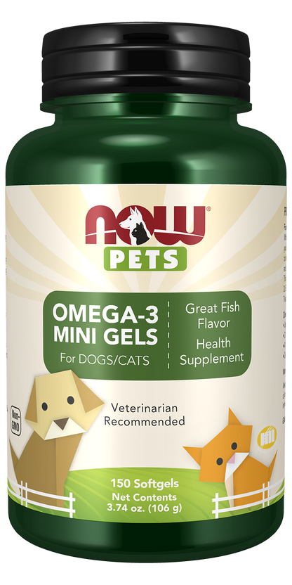 NOW Pet Health, Omega 3 Mini Gels Supplement, Cats & Dogs, 150 Softgels