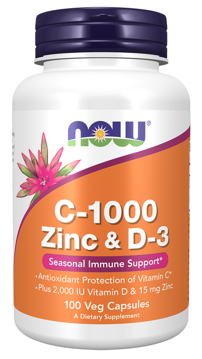 NOW Supplements, C-1000 Zinc & D-3, Seasonal Immune Support*, 100 Veg Caps