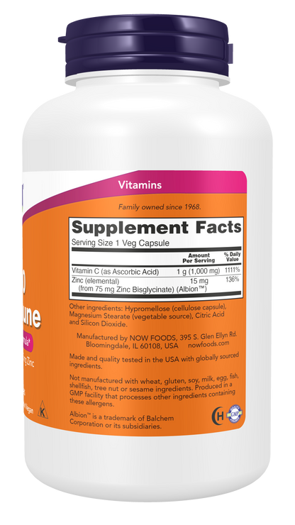 NOW Supplements, C-1000 & Zinc Immune, Seasonal Formula*, 180 Veg Caps