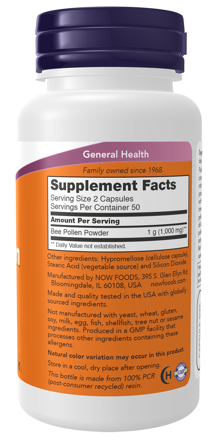 NOW Supplements, Bee Pollen 500 mg, Nature's Superfood, Nutrient Dense, 100 Capsules
