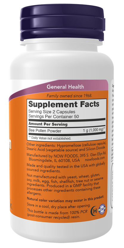 NOW Supplements, Bee Pollen 500 mg, Nature's Superfood, Nutrient Dense, 100 Capsules