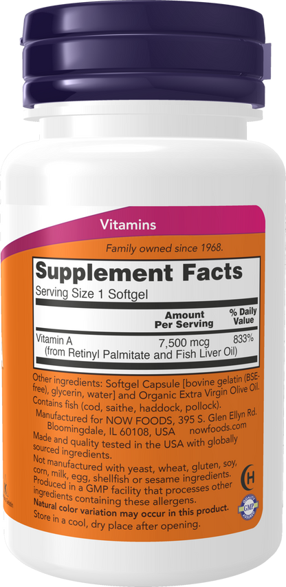 NOW Supplements, Vitamin A (Fish Liver Oil) 25,000 IU, 100 Softgels