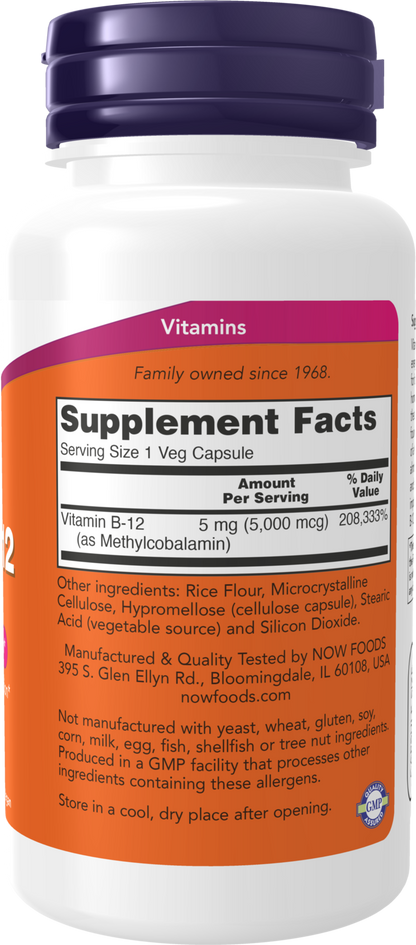 NOW Supplements, Methyl B-12 5000mcg, Hypoallergenic, 90 Veg Caps