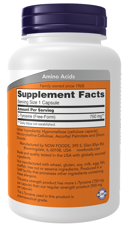 NOW Supplements, L-Tyrosine 750 mg, Supports Mental Alertness*, 90 Veg Caps