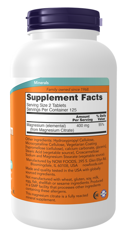NOW Supplements, Magnesium Citrate 200 mg, Enzyme Function*, 250 Tabs