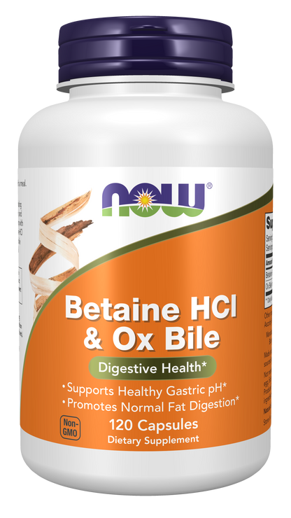 NOW Supplements, Betaine HCl & Ox Bile, 1,500 mg Betaine HCl, Digestive Health Support, Healthy Gastric pH and Fat Digestion Support*, 120 Capsules