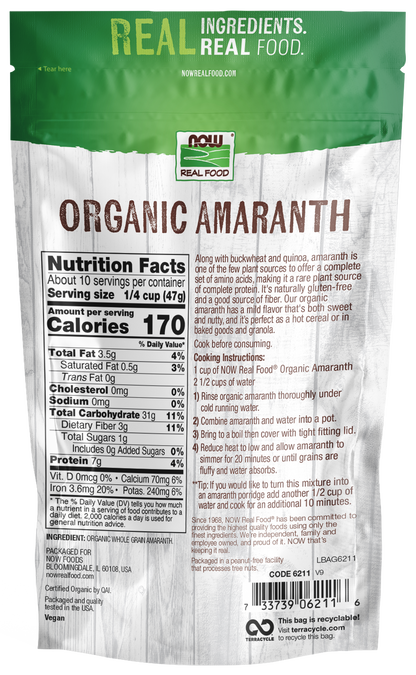NOW Foods, Organic Amaranth Whole Grain, Protein & Fiber, 16 oz