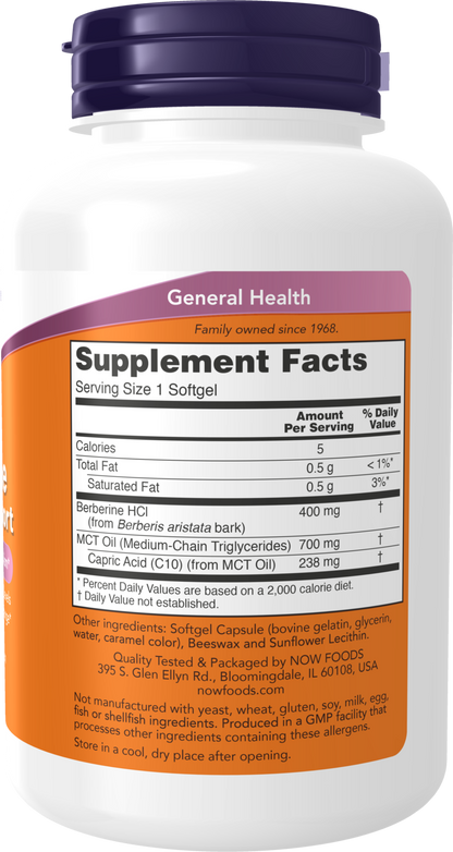 NOW Supplements, Berberine Glucose Support, With MCT Oil, 90 Softgels
