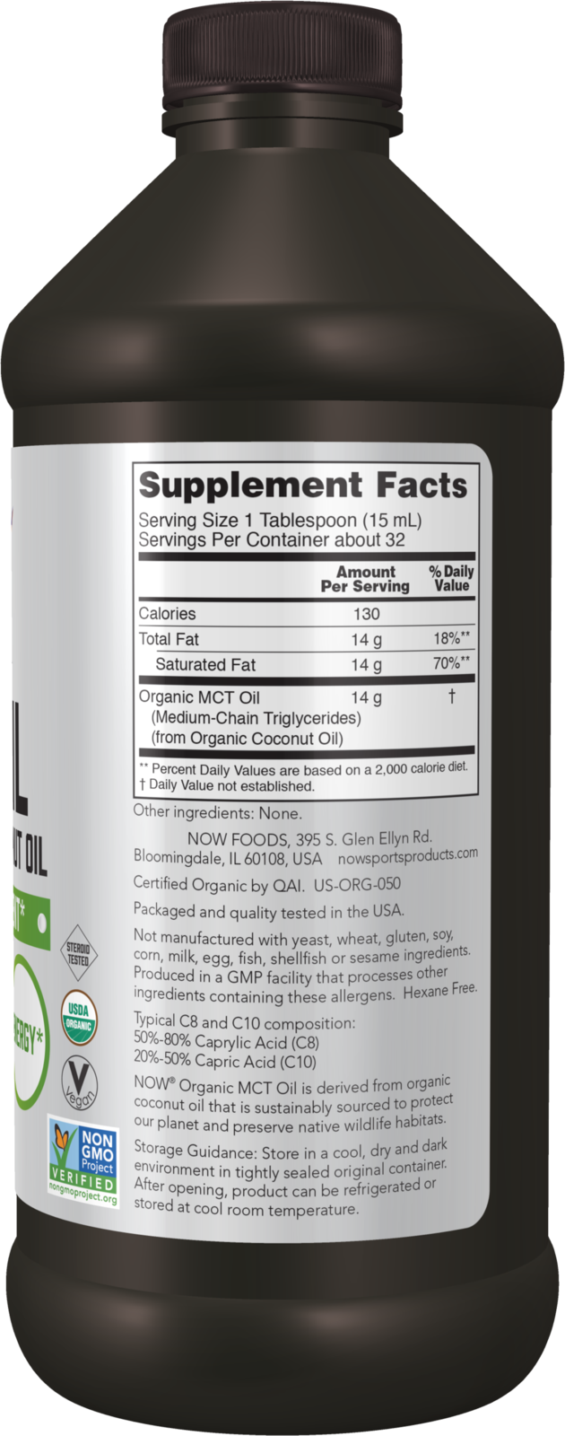 NOW Sports, Organic MCT Oil 14 g, Plastic Bottle,16 fl. oz