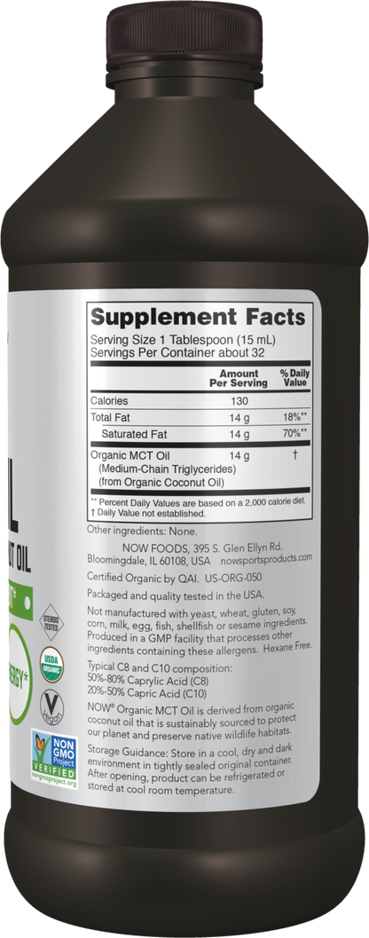 NOW Sports, Organic MCT Oil 14 g, Plastic Bottle,16 fl. oz