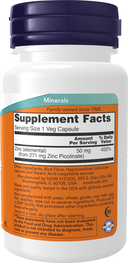 NOW Supplements, Zinc Picolinate 50 mg, Immune Support*, 60 Veg Caps