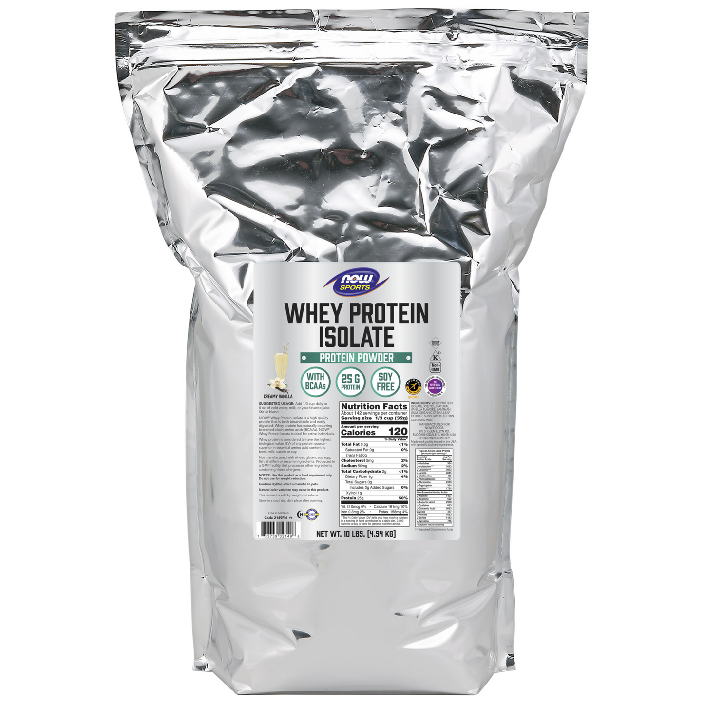 NOW Sports, Whey Protein Isolate 25 g With BCAAs, Vanilla Flavor, 10 lbs