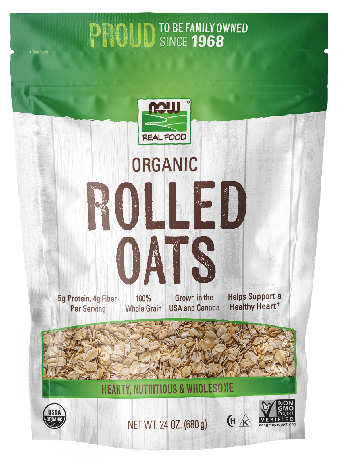 NOW Foods, Organic Rolled Oats, Whole Grain, Good Source of Fiber, 24 oz