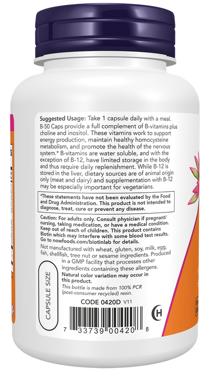 NOW Supplements, Vitamin B-50 mg, Nervous System Health*, 100 Veg Caps