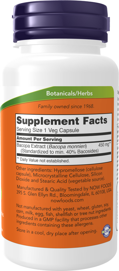 NOW Supplements, Bacopa Extract 450 mg, Brain Health*, 90 Veg Caps