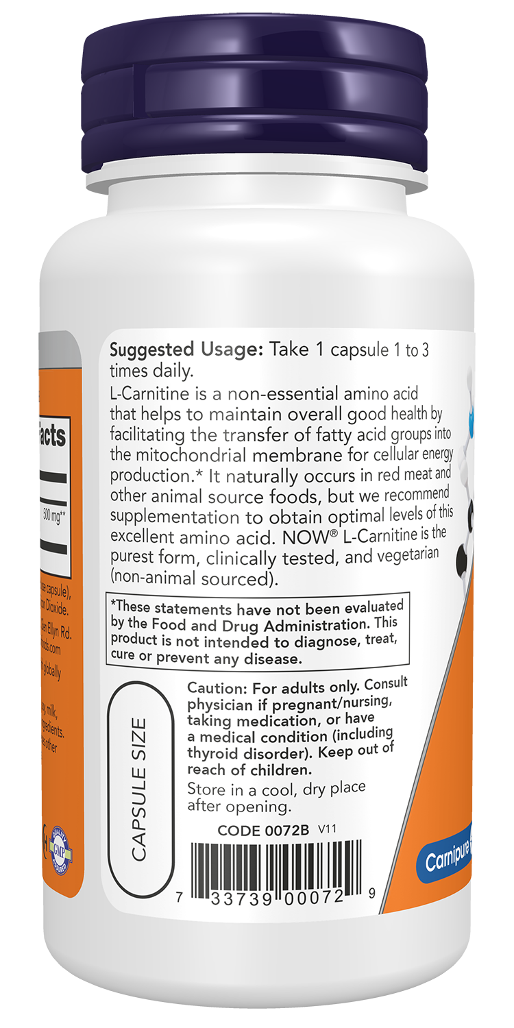 NOW Supplements, L-Carnitine 500mg, Purest Form, Amino Acid, 60 Veg Caps