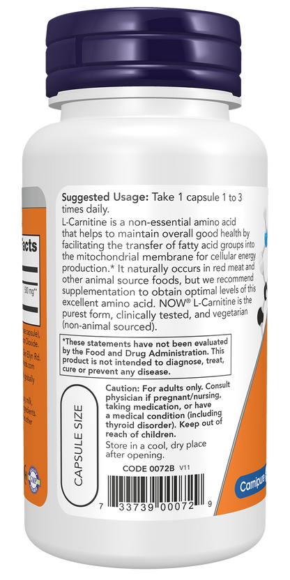NOW Supplements, L-Carnitine 500mg, Purest Form, Amino Acid, 60 Veg Caps